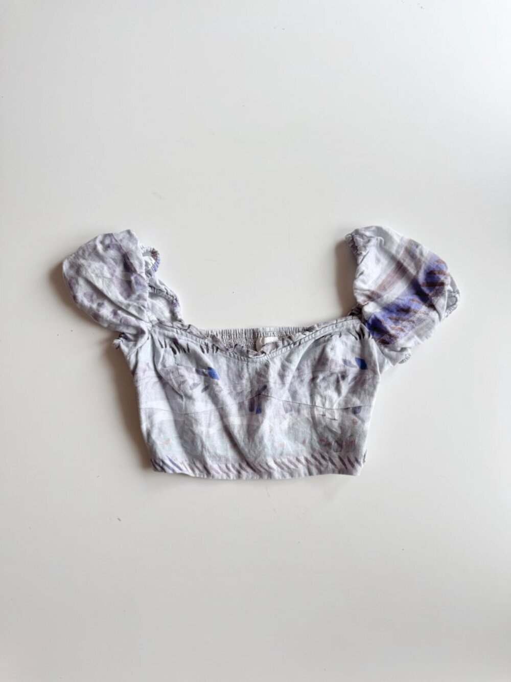 Aritzia WILFRED Wander Blue Linen Cropped Puff Sleeve Bustier Blouse, Size S